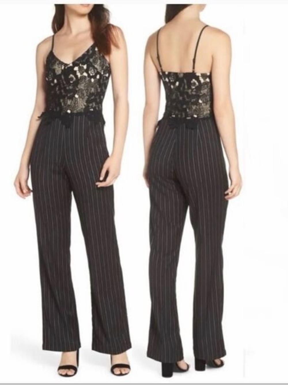 Anthropologie Heartloom Lace and Pinstripe Jumpsuit